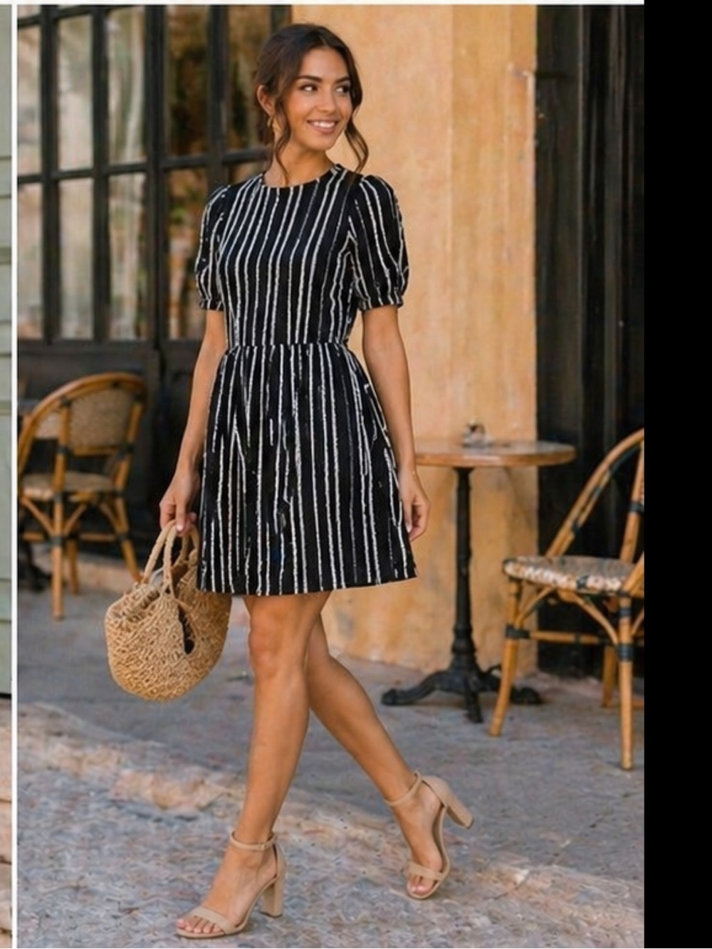 LOFT Navy and White Striped Puff-Sleeve Mini Dress Small